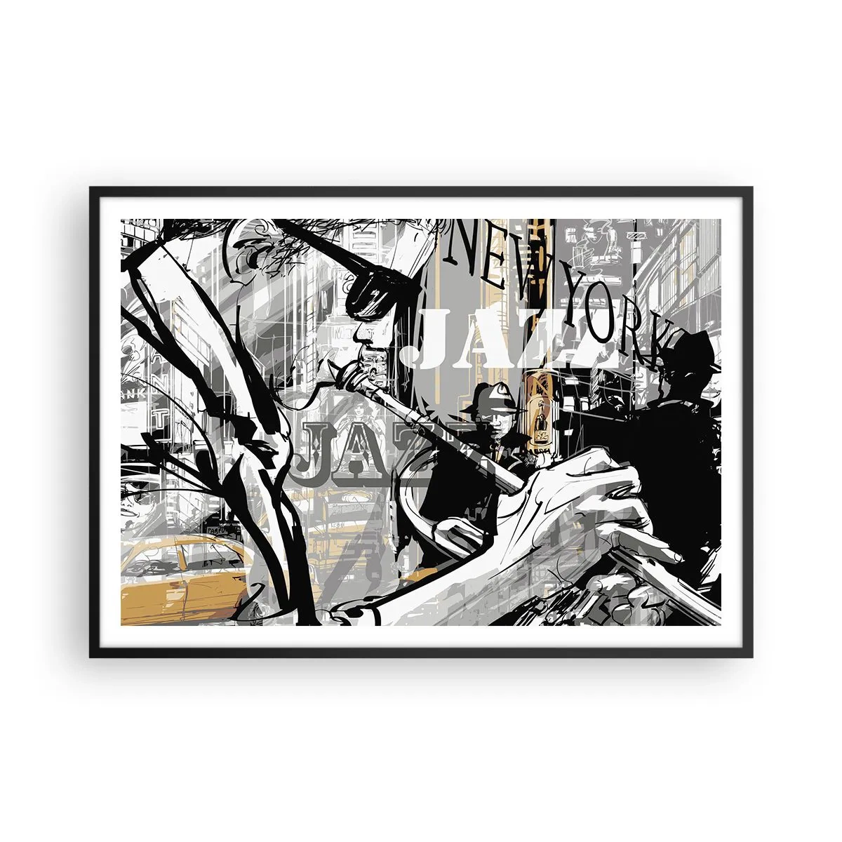 Poster in einem schwarzem Rahmen - New Yorker Jazzszene - 100x70cm - Im Rhythmus von New York - Moderne Wanddekoration für Wohnzimmer und Schlafzimmer ARTTOR