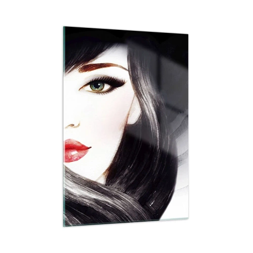 Glasbild - Bild auf glas - Porträt einer Frau mit schwarzen Haaren und ausdrucksstarken roten Lippen - 50x70cm - Saphir-Optik - Moderne Wanddekoration für Wohnzimmer und Schlafzimmer ARTTOR