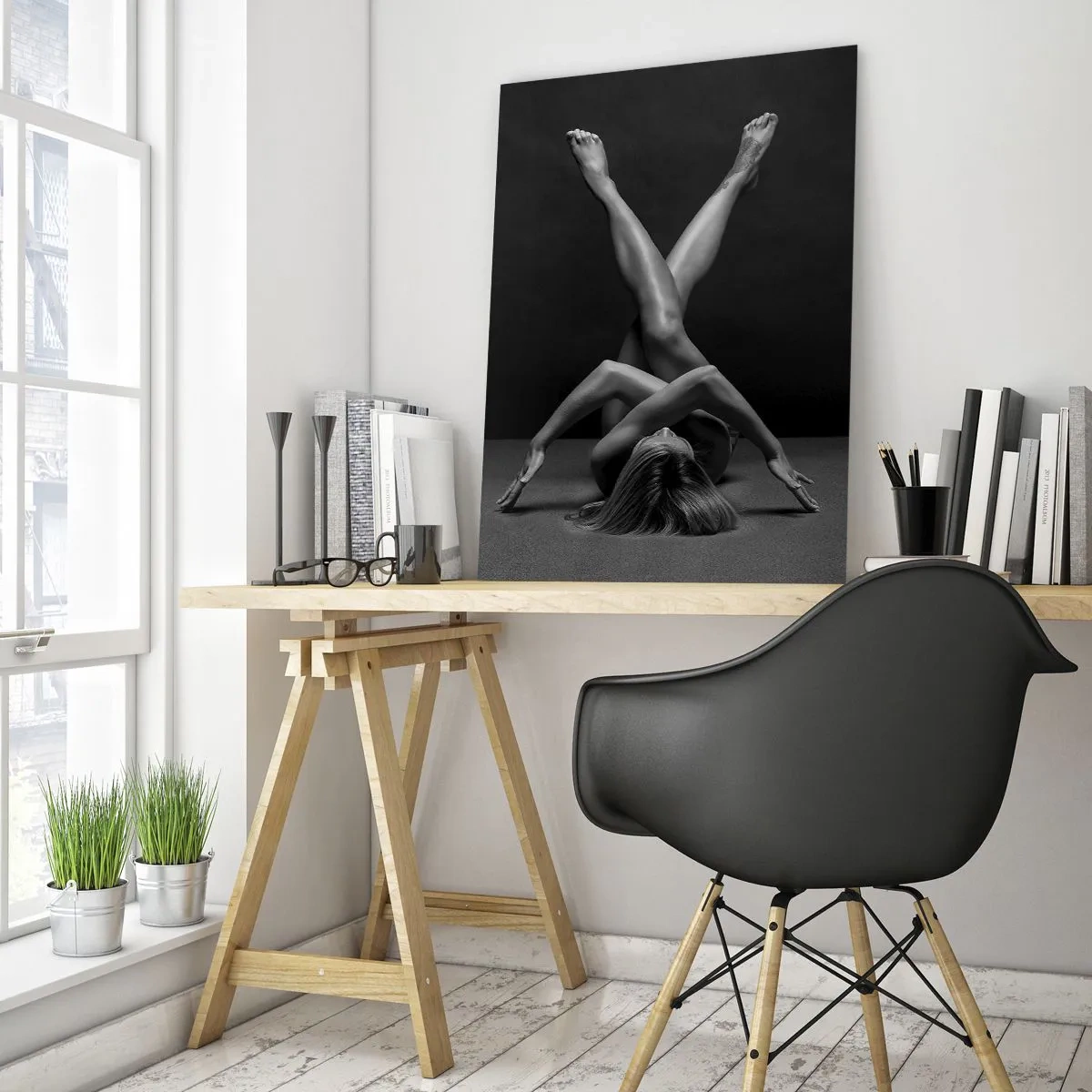 Glasbild - Bild auf glas - Weiblicher Akt in geometrischer Körperkomposition - 50x70cm - Die Geometrie der Nacktheit - Moderne Wanddekoration für Wohnzimmer und Schlafzimmer ARTTOR