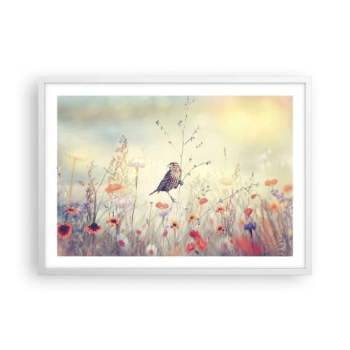 Poster in einem weißen Rahmen - Vogelporträt mit einer Wiese im Hintergrund - 70x50 cm