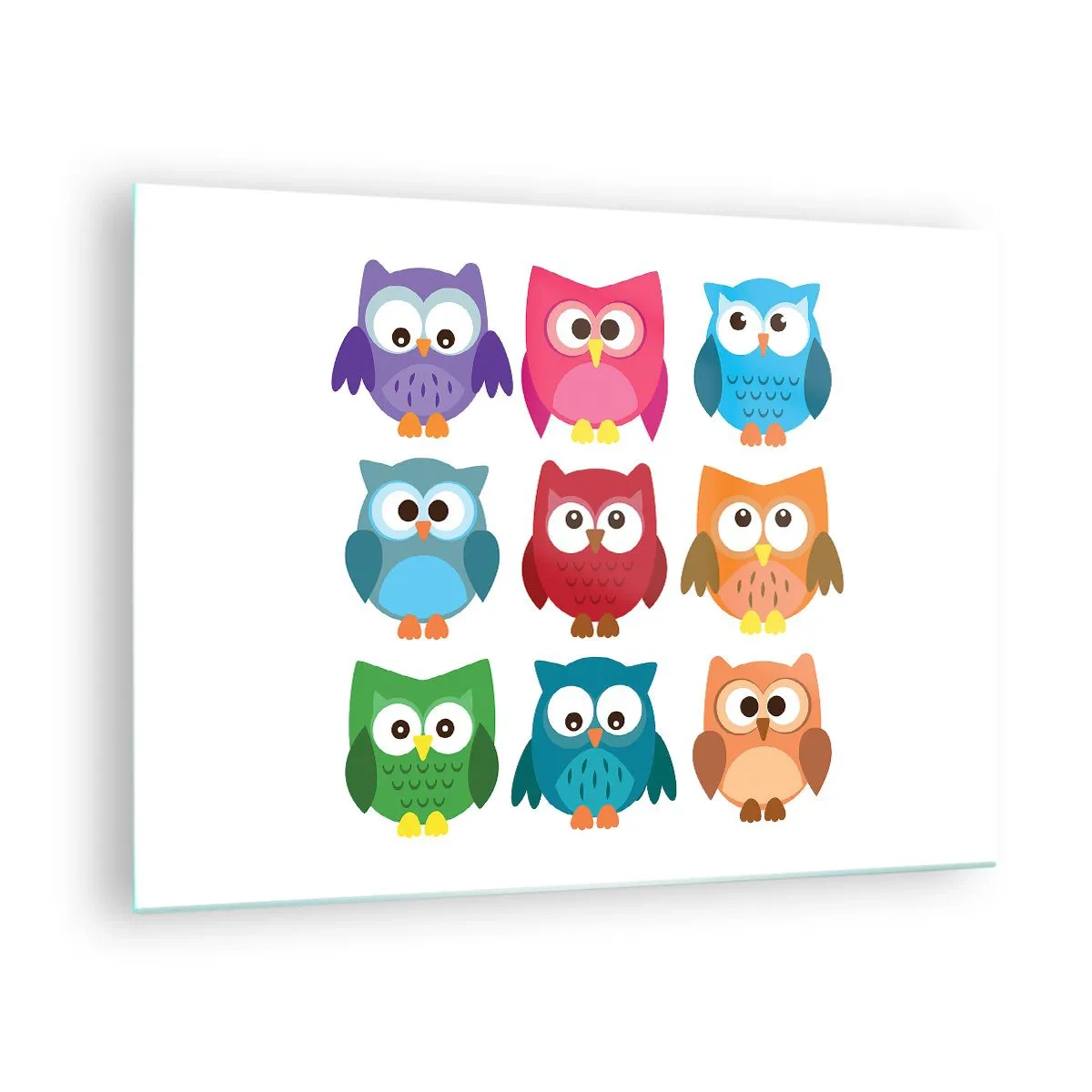 Glasbild - Bild auf glas - Bunte Eulen im Cartoon-Stil auf weißem Hintergrund - 70x50cm - Es macht Spaß, anders zu sein - Moderne Wanddekoration für Wohnzimmer und Schlafzimmer ARTTOR