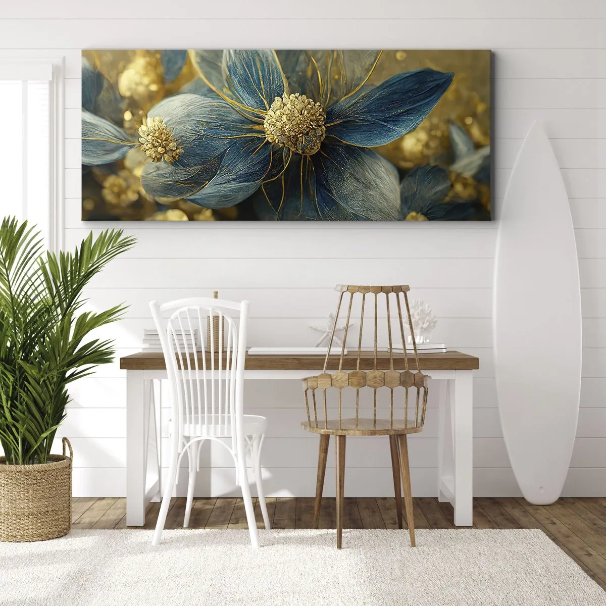 Bild auf Leinwand - Leinwandbild - Elegante Blumen in Blau- und Goldtönen - 120x50cm - Mit Gold blühen - Moderne Wanddekoration für Wohnzimmer und Schlafzimmer ARTTOR