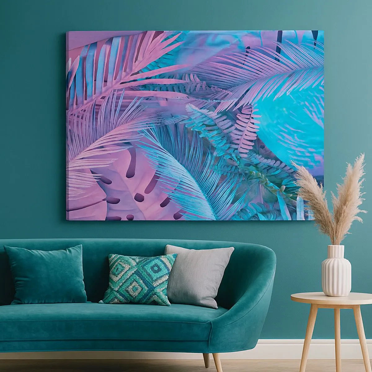 Bild auf Leinwand - Leinwandbild - Tropische Blätter in Rosa- und Blautönen - 70x50cm - Tropen in Rosa und Blau - Moderne Wanddekoration für Wohnzimmer und Schlafzimmer ARTTOR