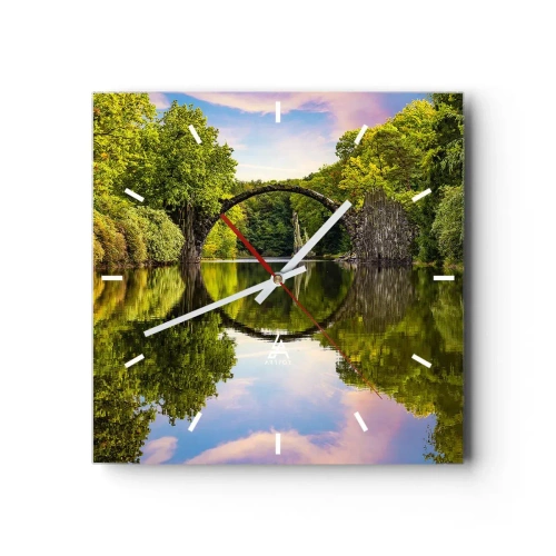 Wanduhr - Glasuhr - Eine Steinbrücke über einen Fluss mit einer perfekten Spiegelung im Wasser - 30x30cm - An der Kreuzung zweier Welten - Moderne Wanddekoration für Wohnzimmer und Schlafzimmer ARTTOR