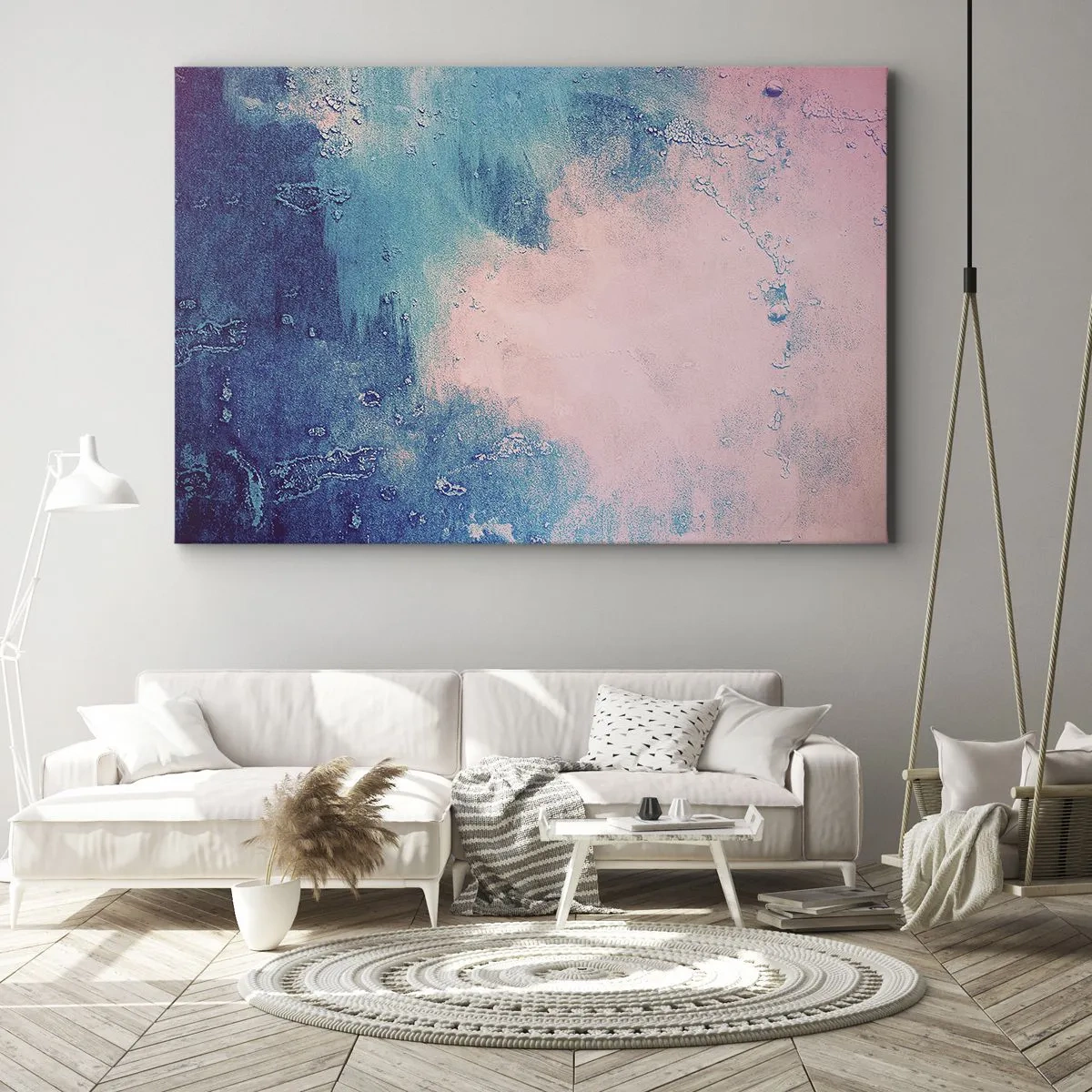 Bild auf Leinwand - Leinwandbild - Abstrakte Textur in Rosa- und Blautönen - 70x50cm - Himmelsblaue Umarmungen - Moderne Wanddekoration für Wohnzimmer und Schlafzimmer ARTTOR