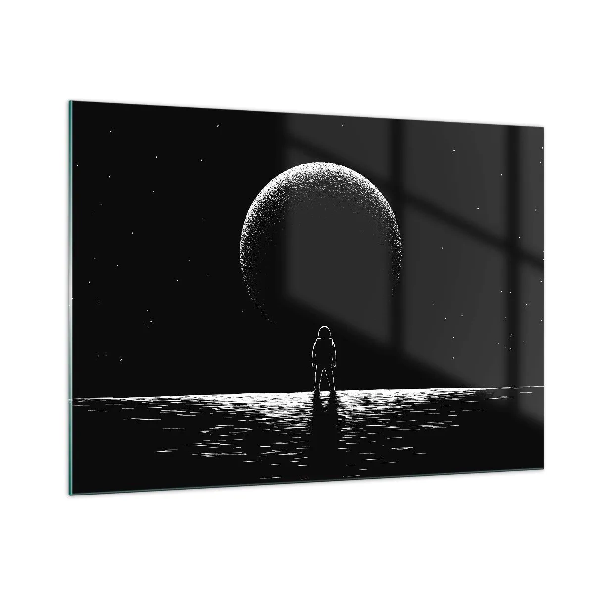 Glasbild - Bild auf glas - Astronaut steht vor einem Planeten in Schwarzweiß - 100x70cm - Angesicht zu Angesicht - Moderne Wanddekoration für Wohnzimmer und Schlafzimmer ARTTOR