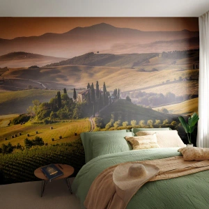 Fototapete Premium Sand - Toskanische Landschaft mit Zypressen bei Sonnenuntergang - 100x70cm - Arkadien - die toskanische Landschaft - Moderne Wanddekoration für Wohnzimmer und Schlafzimmer ARTTOR