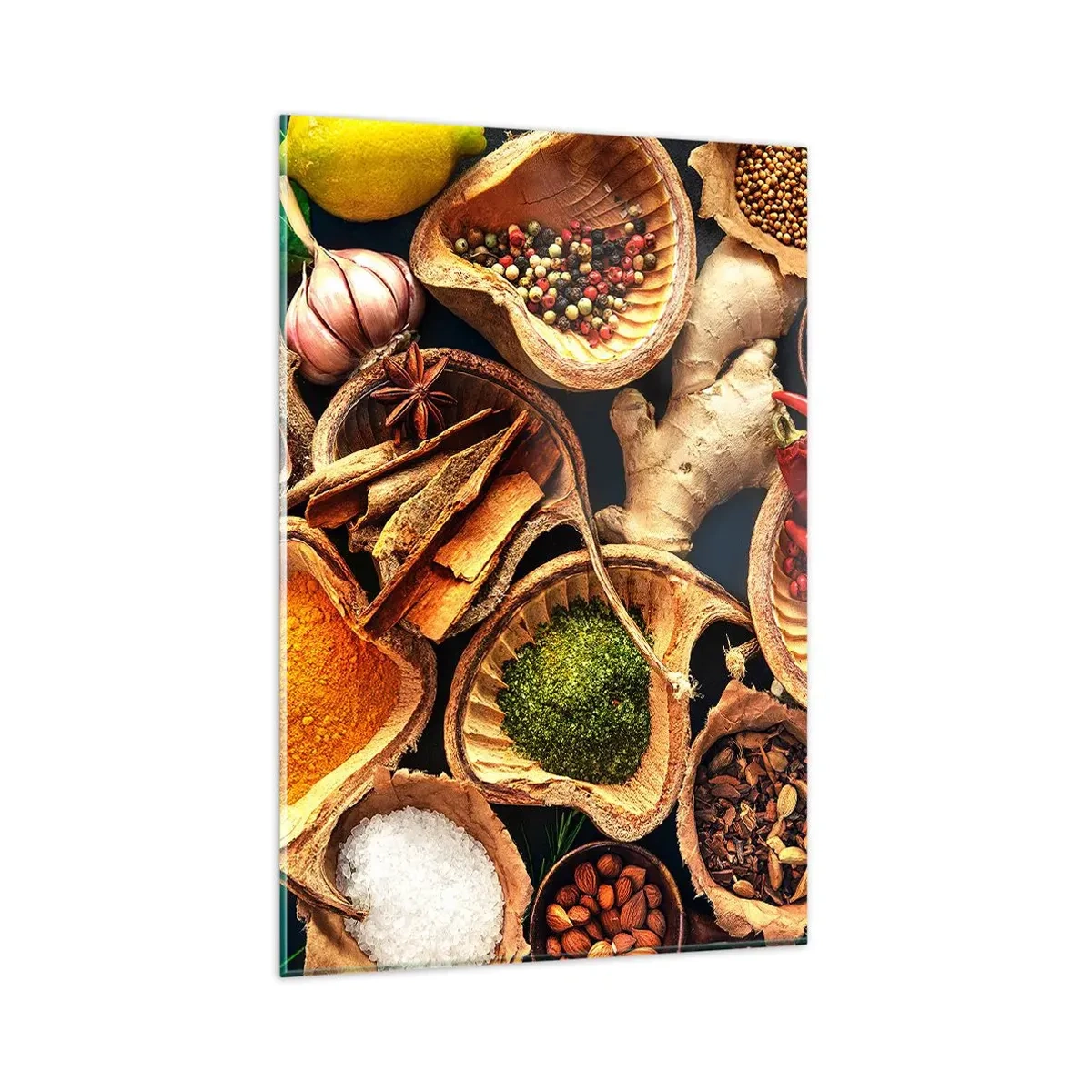 Glasbild - Bild auf glas - Schalen mit Gewürzen in verschiedenen Farben - 80x120cm - Nimm was du willst - Moderne Wanddekoration für Wohnzimmer und Schlafzimmer ARTTOR