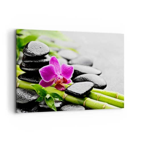 Bild auf Leinwand - Leinwandbild - Lila Orchidee, schwarze Steine und Bambus in einer ruhigen Komposition - 100x70cm - In ruhiger Balance - Moderne Wanddekoration für Wohnzimmer und Schlafzimmer ARTTOR