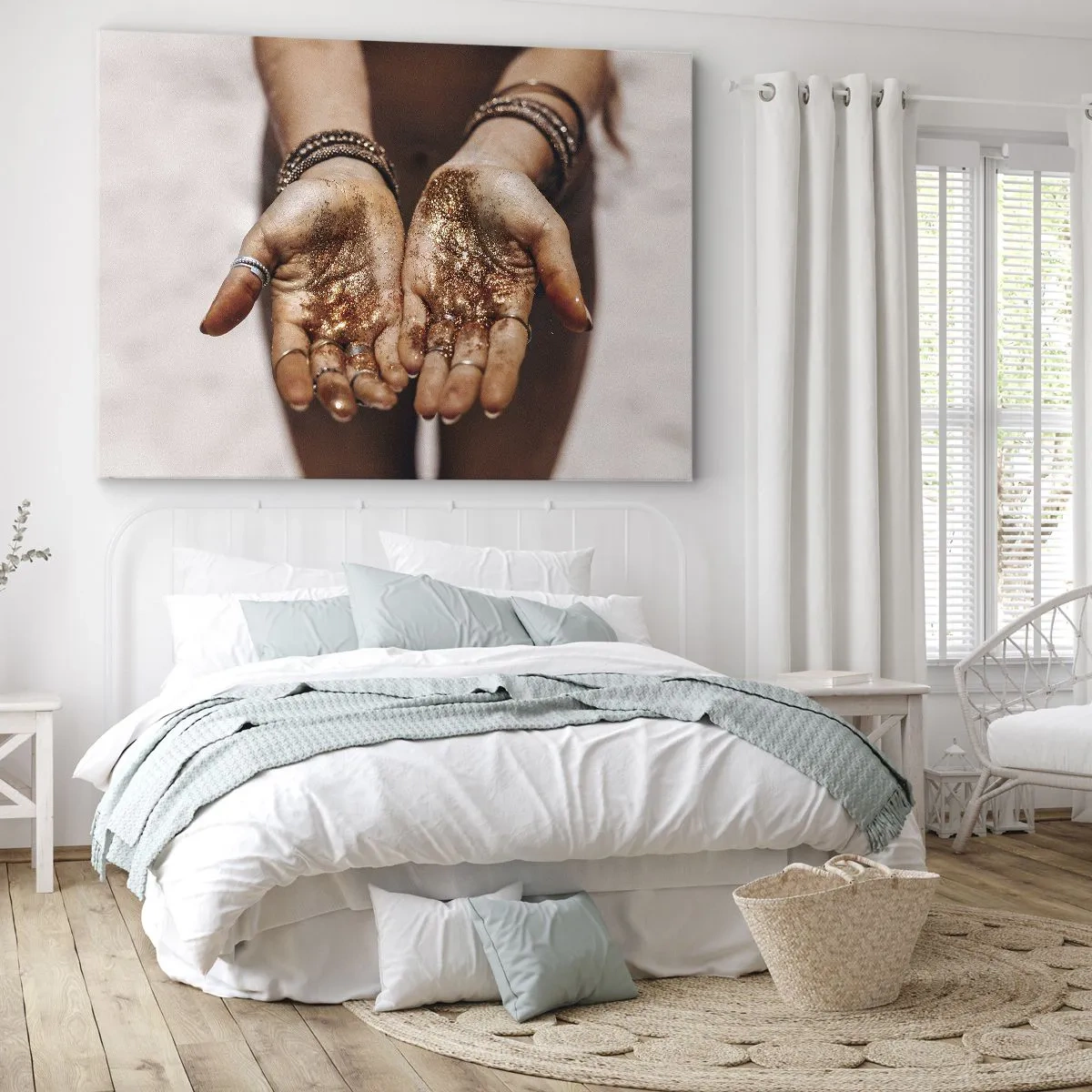 Bild auf Leinwand - Leinwandbild - Nahaufnahme von Händen mit Glitzer in warmen Farbtönen - 100x70cm - Ein Geschenk für dich - Moderne Wanddekoration für Wohnzimmer und Schlafzimmer ARTTOR