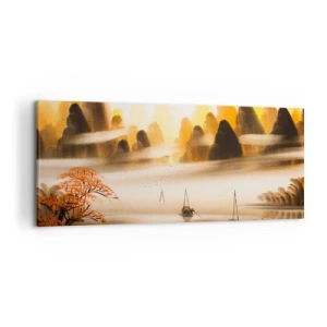 Bild auf Leinwand - Leinwandbild - Eine orientalische Landschaft mit Fluss, Bergen und sanftem Nebel. - 120x50cm - Weiter als im Fernosten - Moderne Wanddekoration für Wohnzimmer und Schlafzimmer ARTTOR