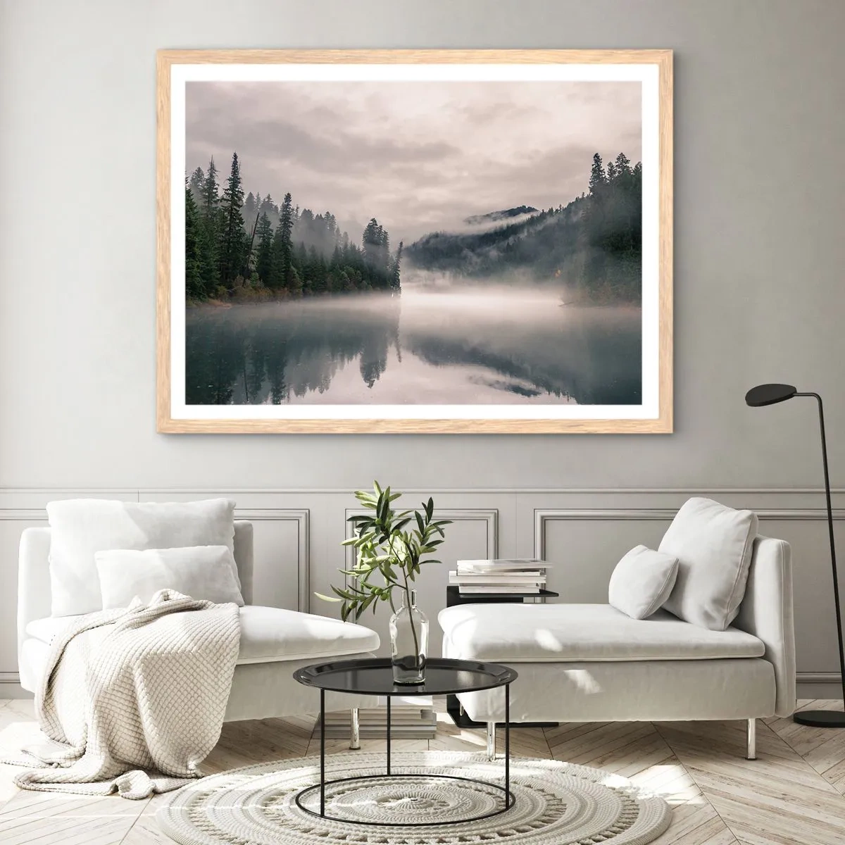 Poster in einem Rahmen aus heller Eiche - In Reflexion, im Nebel - 50x40 cm