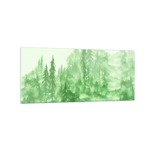 Glasbild - Bild auf glas - Grüner Wald im Aquarellstil auf hellem Hintergrund - 120x50cm - Verschwommen mit grünem Nebel - Moderne Wanddekoration für Wohnzimmer und Schlafzimmer ARTTOR