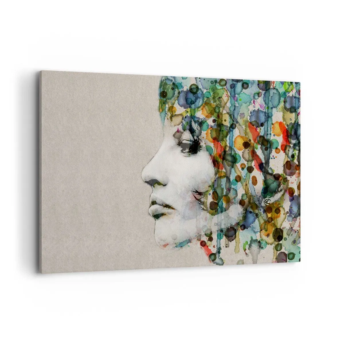 Bild auf Leinwand - Leinwandbild - Profil einer Frau in Aquarellfarben mit abstraktem Hintergrund - 100x70cm - Sie tauchte aus dem Grau auf - Moderne Wanddekoration für Wohnzimmer und Schlafzimmer ARTTOR