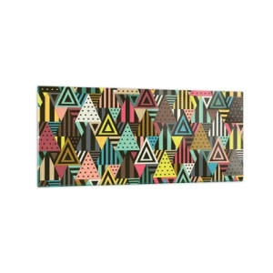 Glasbild - Bild auf glas - Buntes geometrisches Muster mit Dreiecken und Linien - 120x50cm - Im Rhythmus auf drei - Moderne Wanddekoration für Wohnzimmer und Schlafzimmer ARTTOR