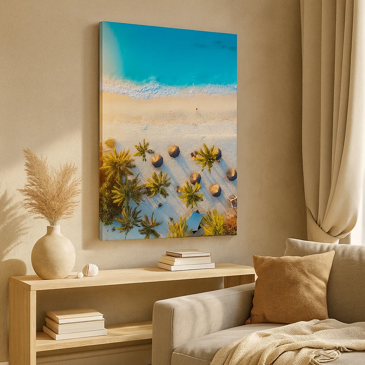 Bild auf Leinwand - Leinwandbild - Blick auf einen tropischen Strand mit Palmen und türkisfarbenem Meer - 50x70cm - Willkommen im Paradies - Moderne Wanddekoration für Wohnzimmer und Schlafzimmer ARTTOR