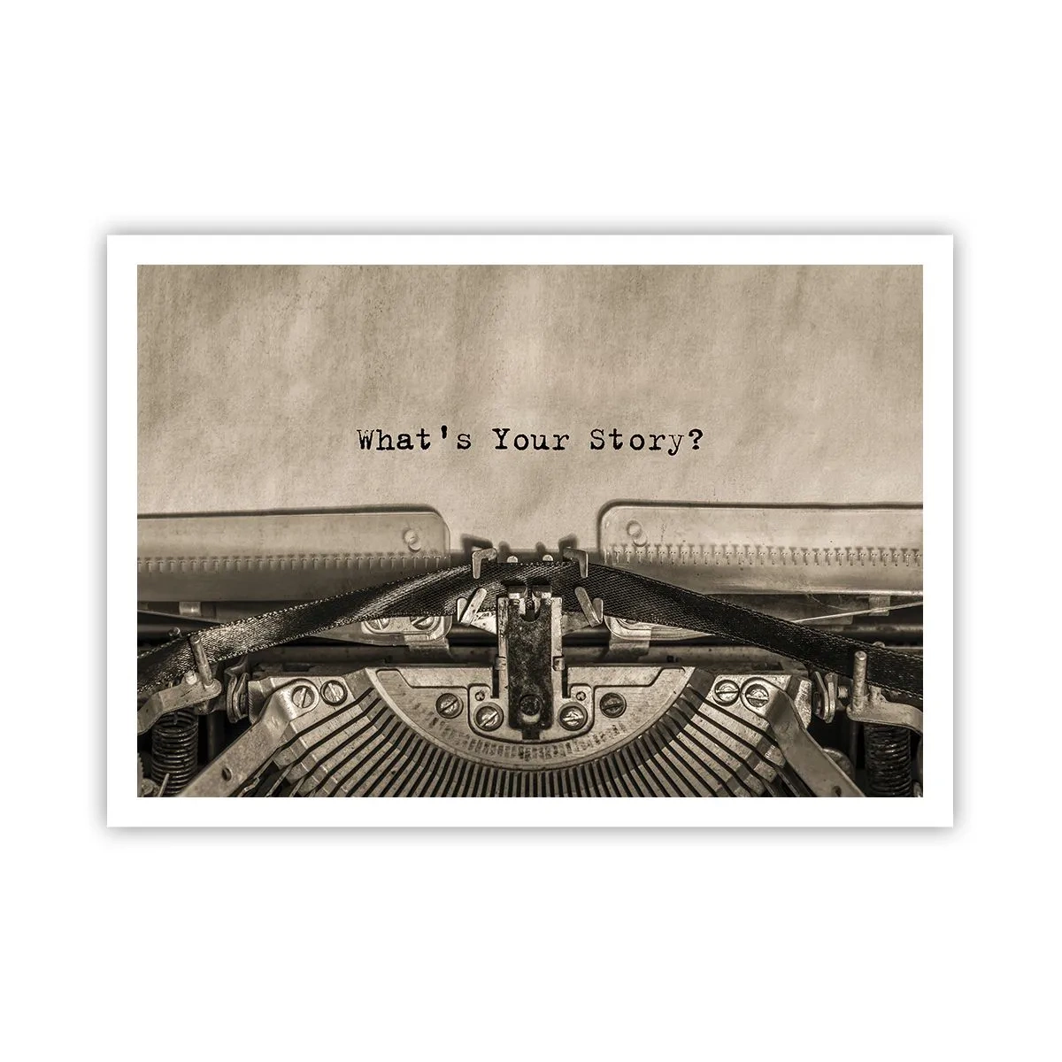 Poster - Eine Schreibmaschine mit den Worten „Was ist Ihre Geschichte?“ - 100x70cm - Erzähl es mir - Moderne Wanddekoration für Wohnzimmer und Schlafzimmer ARTTOR