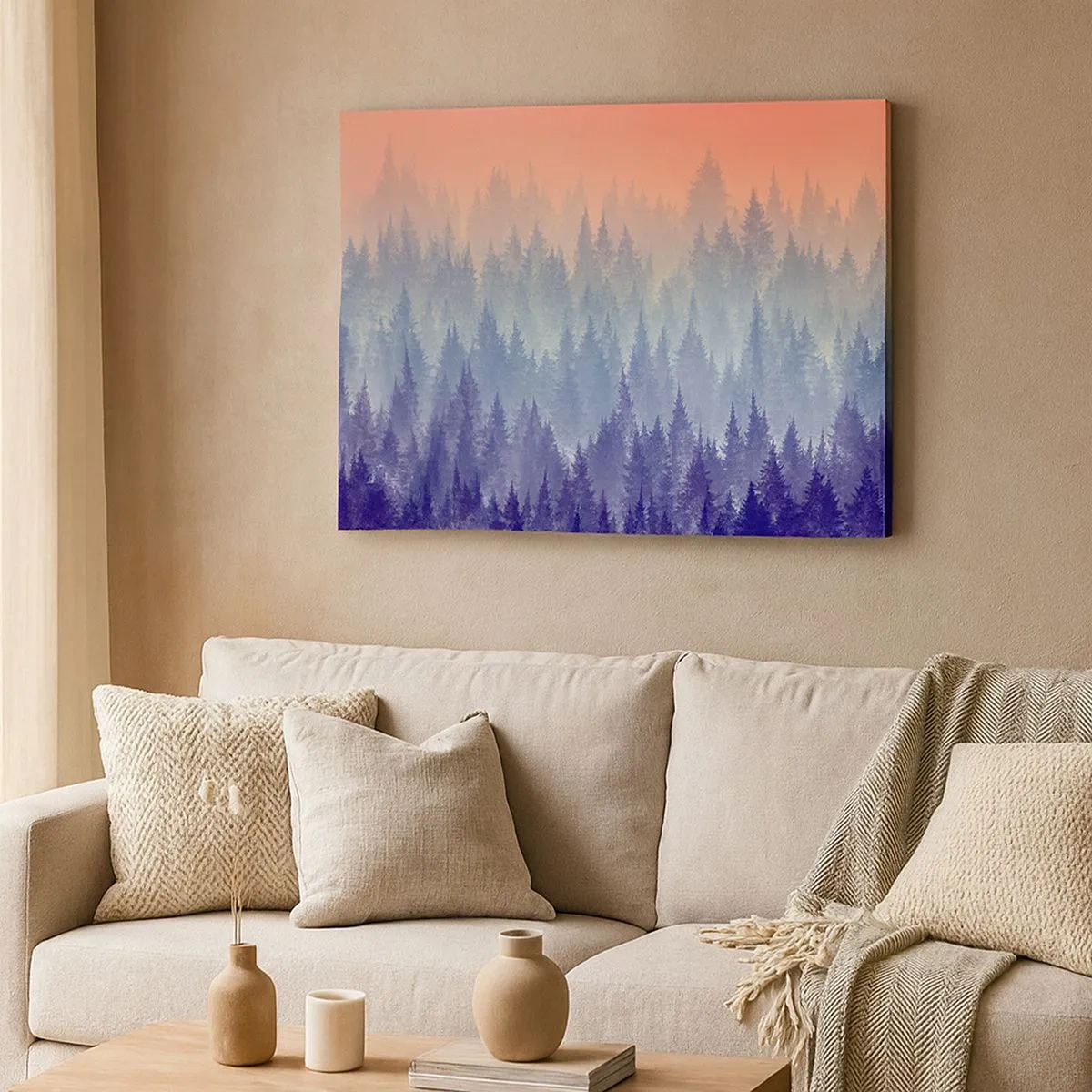 Bild auf Leinwand - Leinwandbild - Ein nebliger Wald in Lila- und Orangetönen - 70x50cm - Hoch, höher, zum Himmel - Moderne Wanddekoration für Wohnzimmer und Schlafzimmer ARTTOR