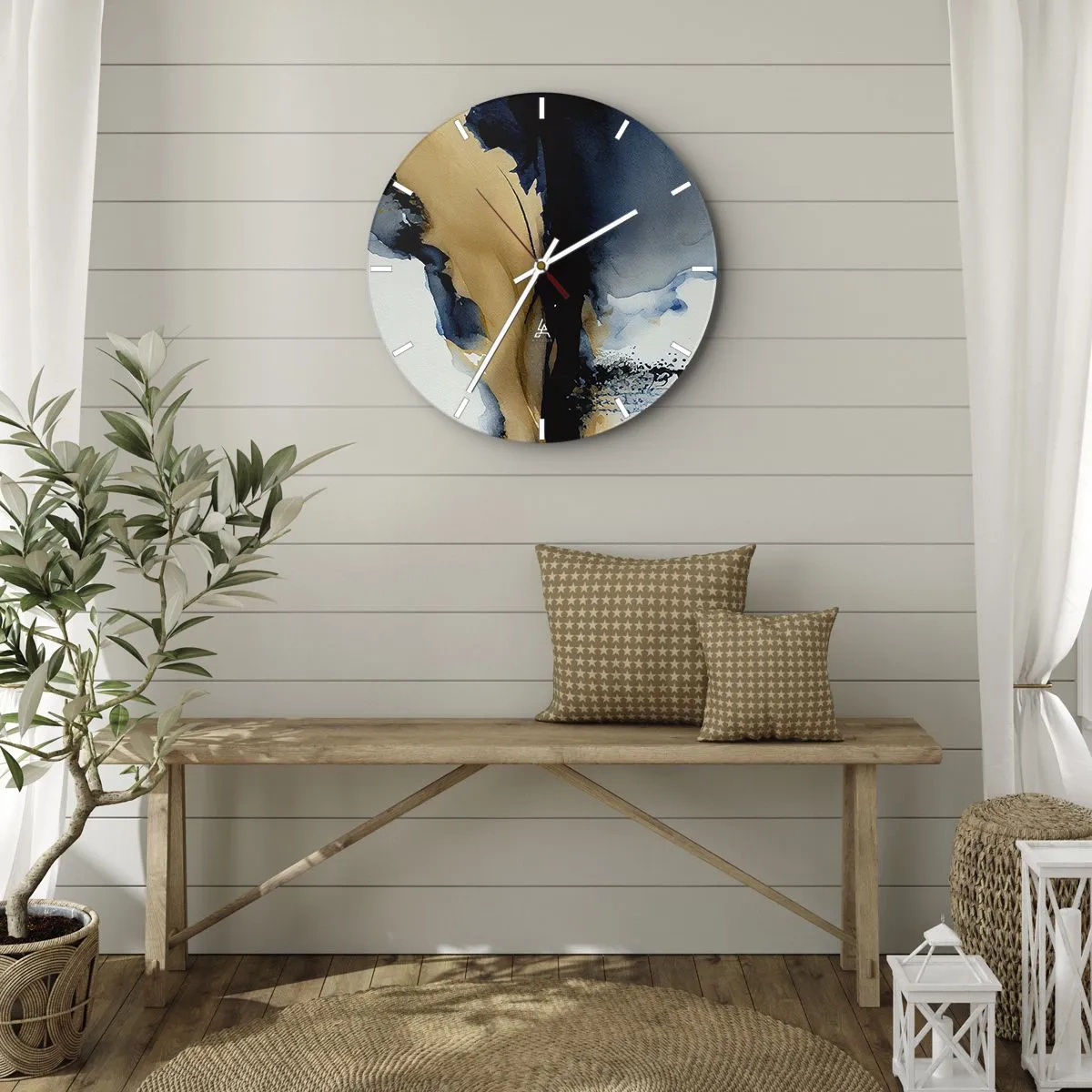 Wanduhr - Glasuhr - Abstraktes Aquarell mit einem Kontrast aus Marineblau und Beige - 30x30cm - Hinter dem Vorhang - Moderne Wanddekoration für Wohnzimmer, Küche und Schlafzimmer ARTTOR