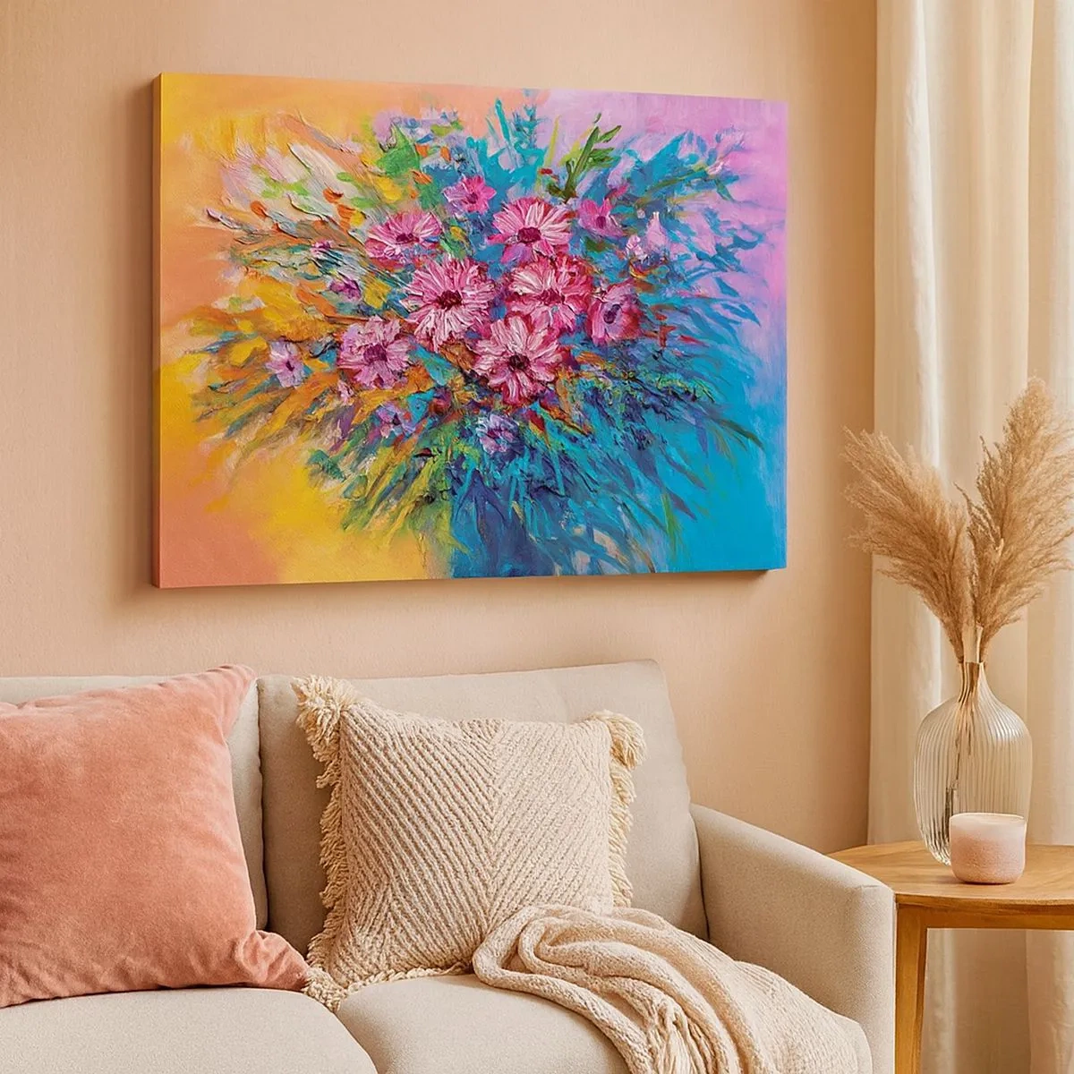 Bild auf Leinwand - Leinwandbild - Bunte Blumen in einem Strauß vor pastellfarbenem Hintergrund - 70x50cm - Lebensenergie - Moderne Wanddekoration für Wohnzimmer und Schlafzimmer ARTTOR