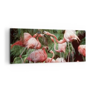 Bild auf Leinwand - Leinwandbild - Eine Gruppe von Flamingos in einer tropischen Umgebung, umgeben von Palmen - 120x50cm - Nachmittagsklatsch - Moderne Wanddekoration für Wohnzimmer und Schlafzimmer ARTTOR