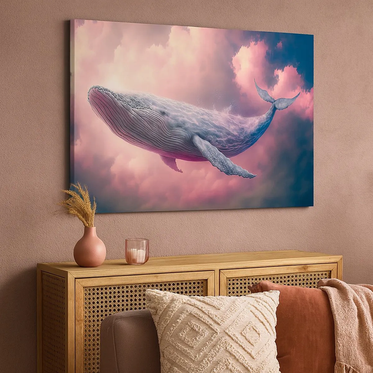 Bild auf Leinwand - Leinwandbild - Ein Wal, der bei Sonnenuntergang in den Wolken schwebt - 70x50cm - Reibe deine Augen - Moderne Wanddekoration für Wohnzimmer und Schlafzimmer ARTTOR