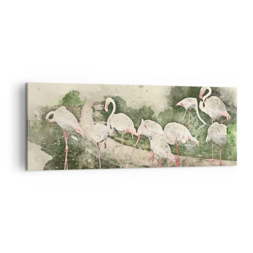 Bild auf Leinwand - Leinwandbild - Flamingos in ihrer natürlichen Umgebung im Aquarellstil - 140x50cm - Exotischer Traum - Moderne Wanddekoration für Wohnzimmer und Schlafzimmer ARTTOR