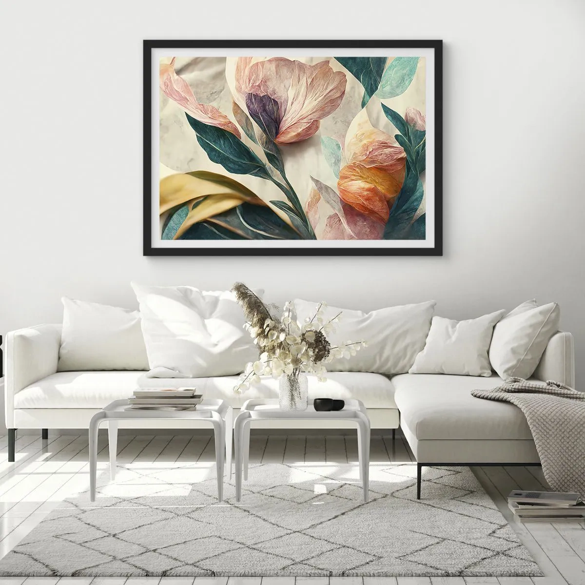 Poster in einem schwarzem Rahmen - Bunte Blumen im tropischen Stil auf hellem Hintergrund - 70x50cm - Blumen der südlichen Inseln - Moderne Wanddekoration für Wohnzimmer und Schlafzimmer ARTTOR