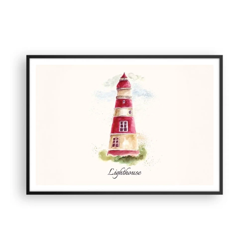 Poster in einem schwarzem Rahmen - Ein Aquarell eines Leuchtturms auf hellem Hintergrund mit einer Inschrift - 100x70cm - Das Wetter ringsum ist immer gut - Moderne Wanddekoration für Wohnzimmer und Schlafzimmer ARTTOR
