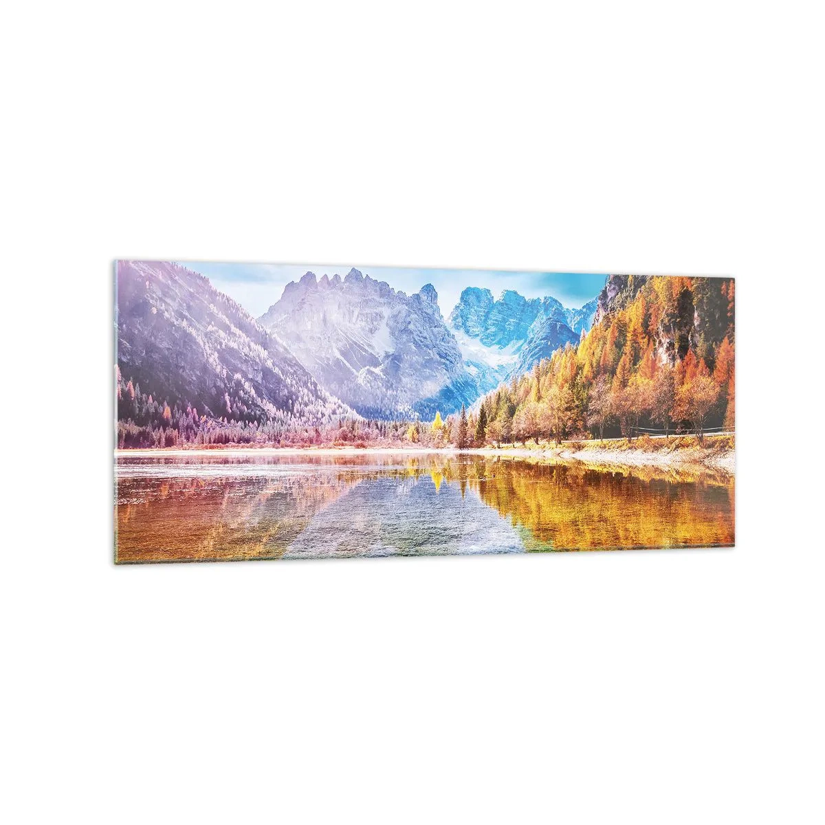Glasbild - Bild auf glas - Herbstliche Berglandschaft mit See - 120x50cm - Und in den Bergen ist es schon Herbst - Moderne Wanddekoration für Wohnzimmer und Schlafzimmer ARTTOR