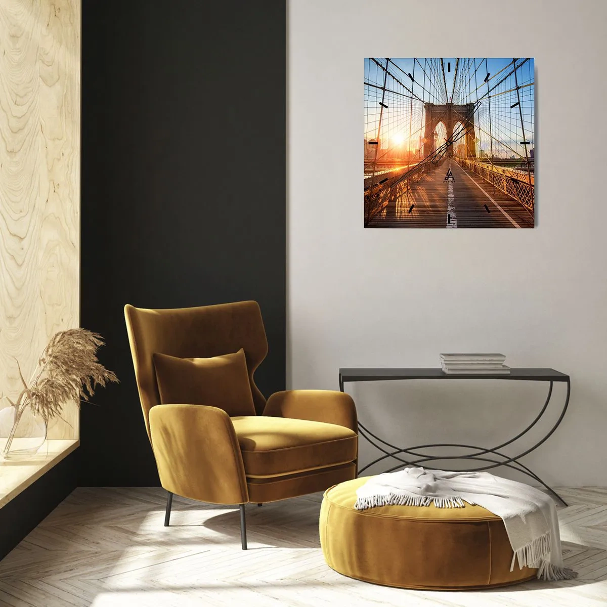 Wanduhr - Glasuhr - Die Brücke im Licht der untergehenden Sonne mit Blick auf die Stadt - 30x30cm - Auf der goldenen Brücke - Moderne Wanddekoration für Wohnzimmer und Schlafzimmer ARTTOR