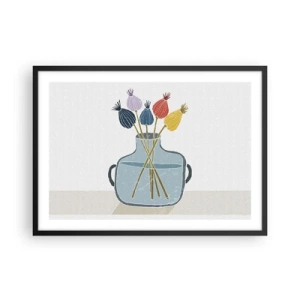 Poster in einem schwarzem Rahmen - Bunte Trockenblumen in einer Vase auf weißem Hintergrund - 70x50cm - Es ist mucksmäuschenstill - Moderne Wanddekoration für Wohnzimmer und Schlafzimmer ARTTOR