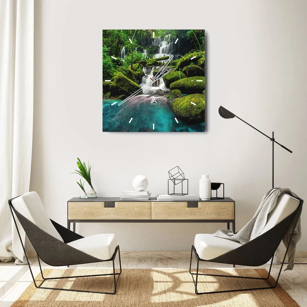 Wanduhr - Glasuhr - Ein tropischer Wasserfall, umgeben von Grün und türkisfarbenem Wasser - 30x30cm - Türkis, Saphire und flüssiges Silber - Moderne Wanddekoration für Wohnzimmer und Schlafzimmer ARTTOR