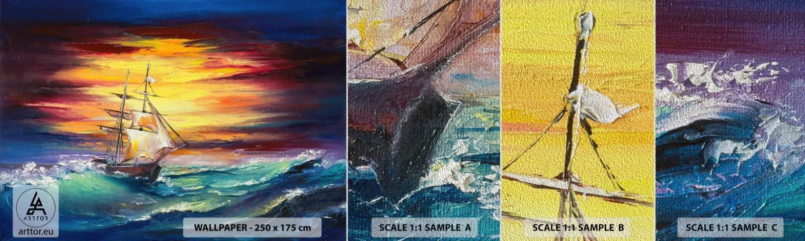 Fototapeten Muster Premium Sand - Tapfer unter den Wellen - Segelschiff, Meer, Sturm - 100x30 cm