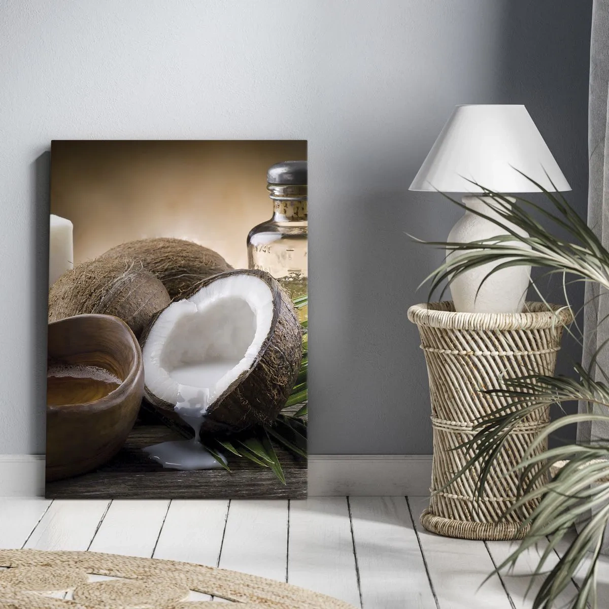 Bild auf Leinwand - Leinwandbild - Kokosnüsse, Kerze und Öl auf einem hölzernen Hintergrund - 50x70cm - Gesundheit von tropischen Inseln - Moderne Wanddekoration für Wohnzimmer und Schlafzimmer ARTTOR