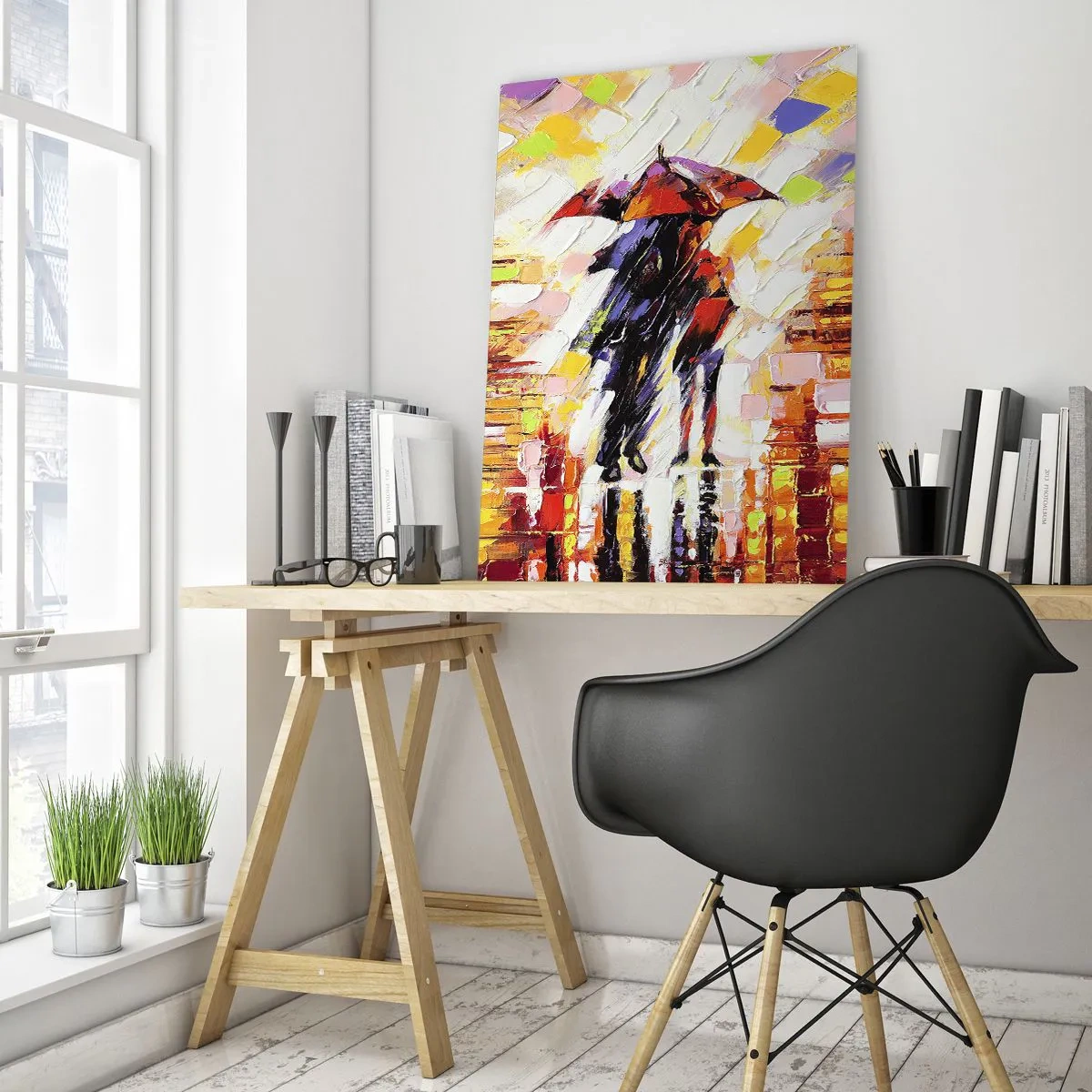 Glasbild - Bild auf glas - Eine abstrakte Szene eines Spaziergangs unter einem Regenschirm in einer regnerischen Nacht. - 80x120cm - Gemeinsam durch die Nacht und den Regen - Moderne Wanddekoration für Wohnzimmer und Schlafzimmer ARTTOR