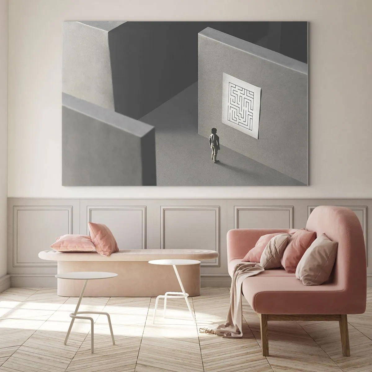 Glasbild - Bild auf glas - Kind in einem Labyrinth mit einem Rätselsymbol - 70x50cm - Aber wo bin ich? - Moderne Wanddekoration für Wohnzimmer und Schlafzimmer ARTTOR