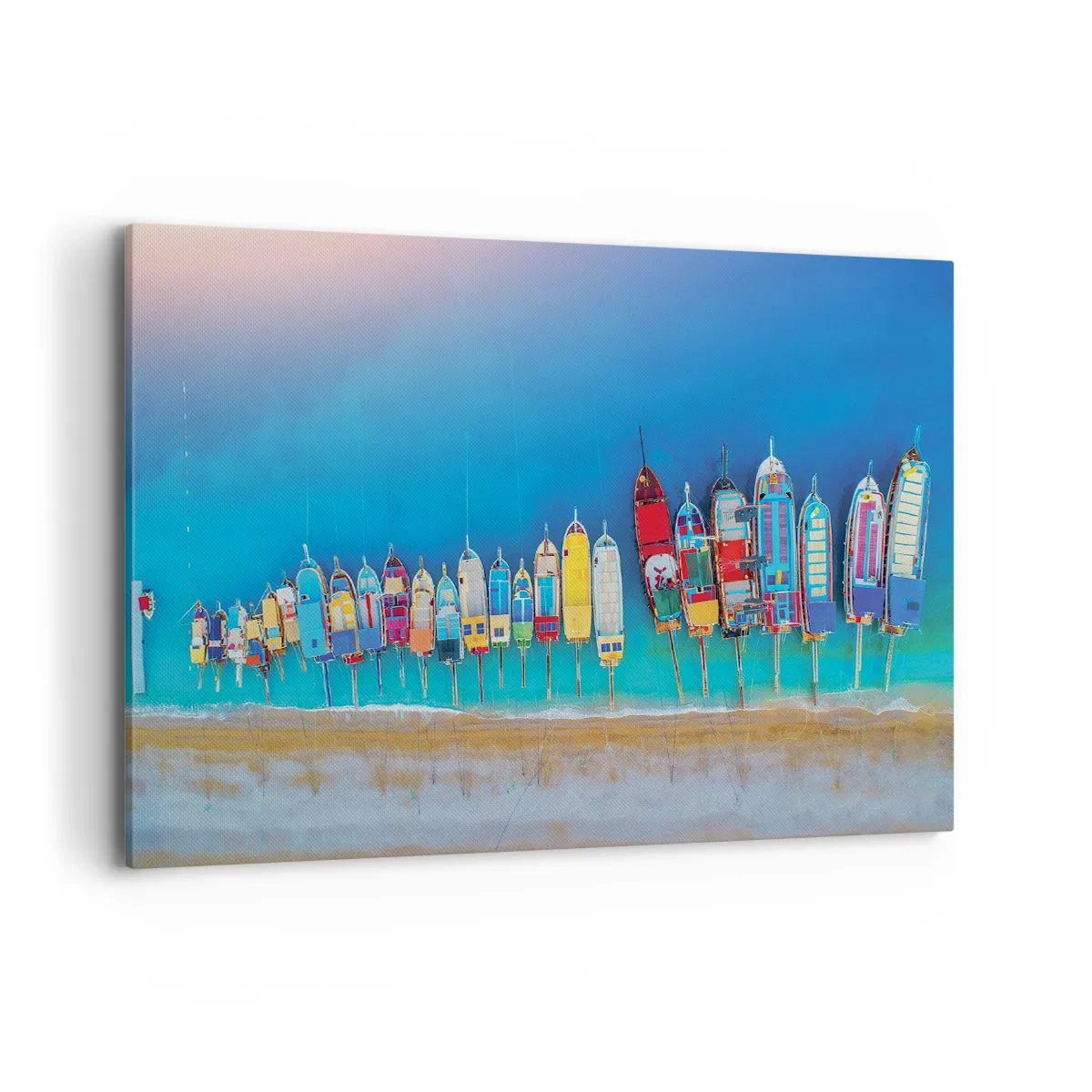 Bild auf Leinwand - Leinwandbild - Bunte Boote in einer Reihe am Ufer aufgereiht - 100x70cm - Aus der Vogelperspektive - Moderne Wanddekoration für Wohnzimmer und Schlafzimmer ARTTOR