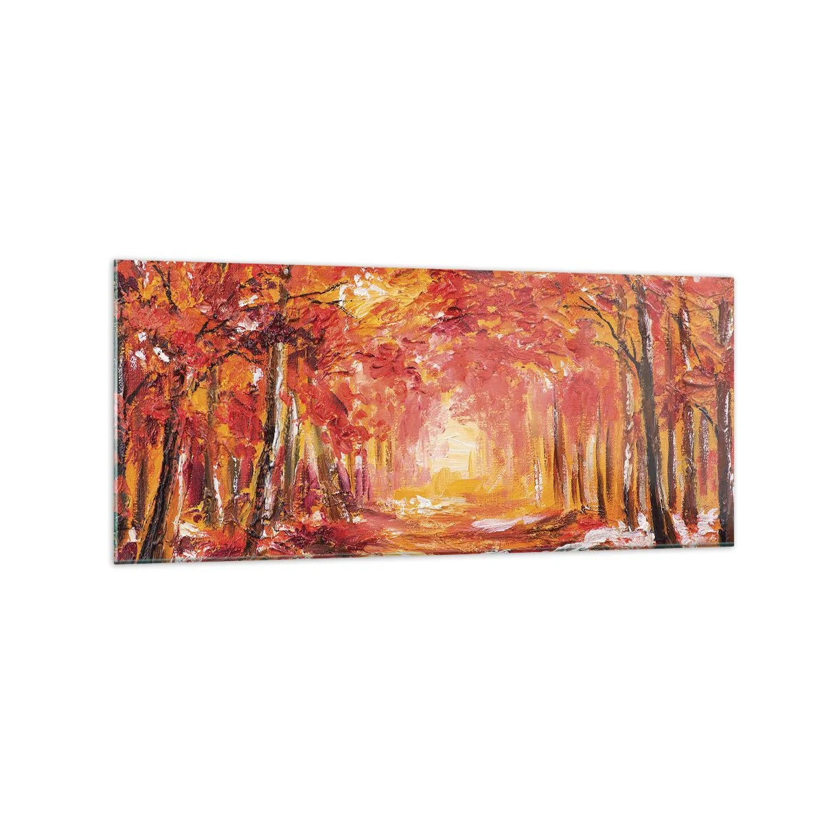 Glasbild - Bild auf glas - Herbstwald in Kupfer- und Goldtönen - 120x50cm - Kupferwald - Moderne Wanddekoration für Wohnzimmer und Schlafzimmer ARTTOR