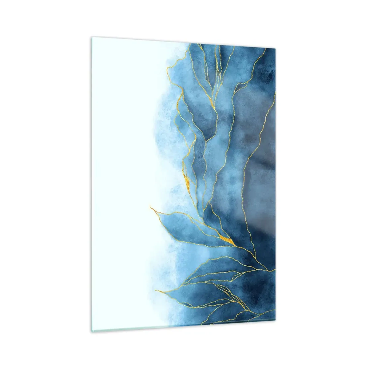 Glasbild - Bild auf glas - Abstrakte blaue Formen mit zarten goldenen Linien. - 50x70cm - Blau im Gold - Moderne Wanddekoration für Wohnzimmer und Schlafzimmer ARTTOR