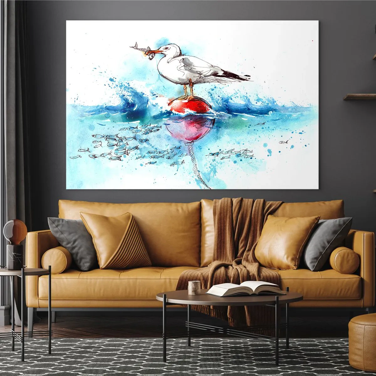 Glasbild - Bild auf glas - Eine Möwe auf einer Boje mit einem Fisch im Hintergrund der Meereswellen - 70x50cm - Erfolgreicher Fang - Moderne Wanddekoration für Wohnzimmer und Schlafzimmer ARTTOR