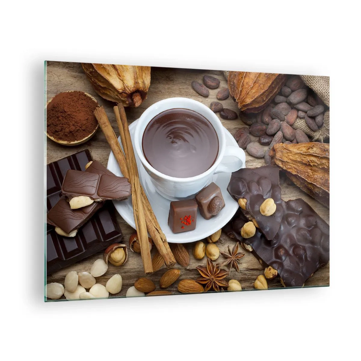Glasbild - Bild auf glas - Eine Tasse heiße Schokolade mit Toppings auf rustikalem Hintergrund - 70x50cm - Aus einer märchenhaften Schokoladenfabrik - Moderne Wanddekoration für Wohnzimmer und Schlafzimmer ARTTOR