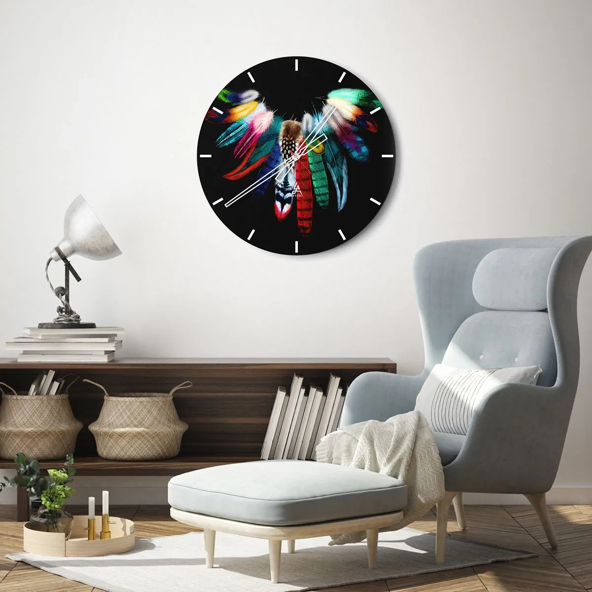 Wanduhr - Glasuhr - Bunte Federn auf schwarzem Hintergrund - 30x30cm - Indische Halskette - Moderne Wanddekoration für Wohnzimmer, Küche und Schlafzimmer ARTTOR