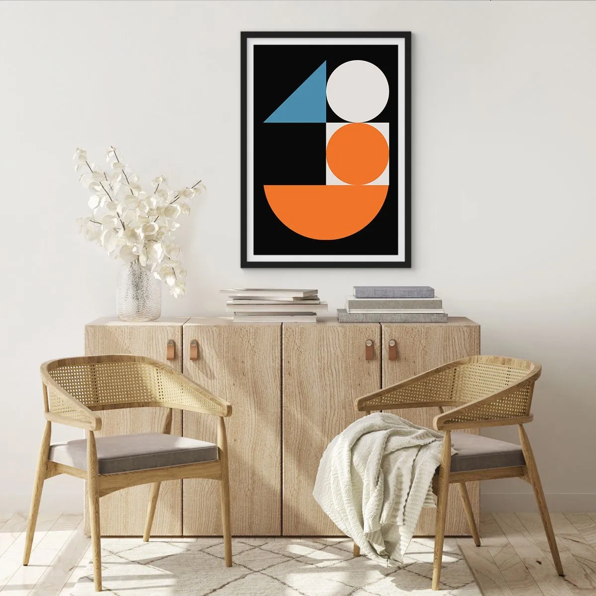 Poster in einem schwarzem Rahmen - Modernes geometrisches Muster mit Kreisen, Dreiecken und Halbkreisen - 50x70cm - Bebilderte Anordnung - Moderne Wanddekoration für Wohnzimmer und Schlafzimmer ARTTOR