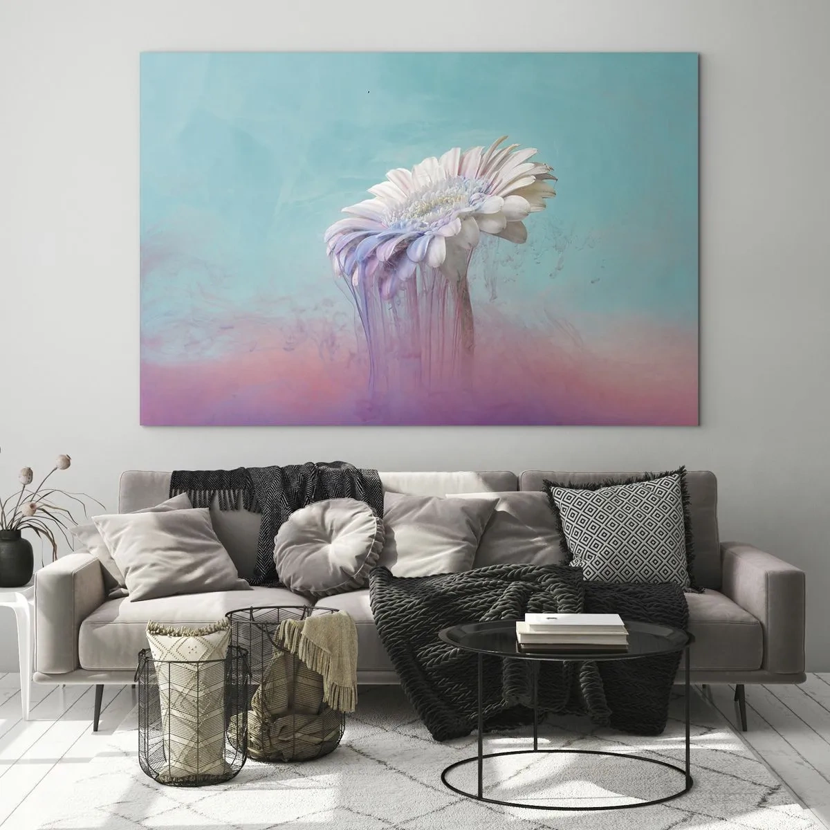 Glasbild - Bild auf glas - Eine zarte Blume in Pastelltönen von Blau und Rosa - 70x50cm - Blumenunterwelt - Moderne Wanddekoration für Wohnzimmer und Schlafzimmer ARTTOR