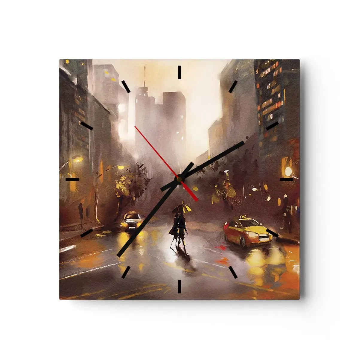 Wanduhr - Glasuhr - Eine nächtliche Stadtszene im Licht der Straßenlaternen und Spiegelungen auf einer nassen Straße. - 30x30cm - Im Licht von New York - Moderne Wanddekoration für Wohnzimmer und Schlafzimmer ARTTOR