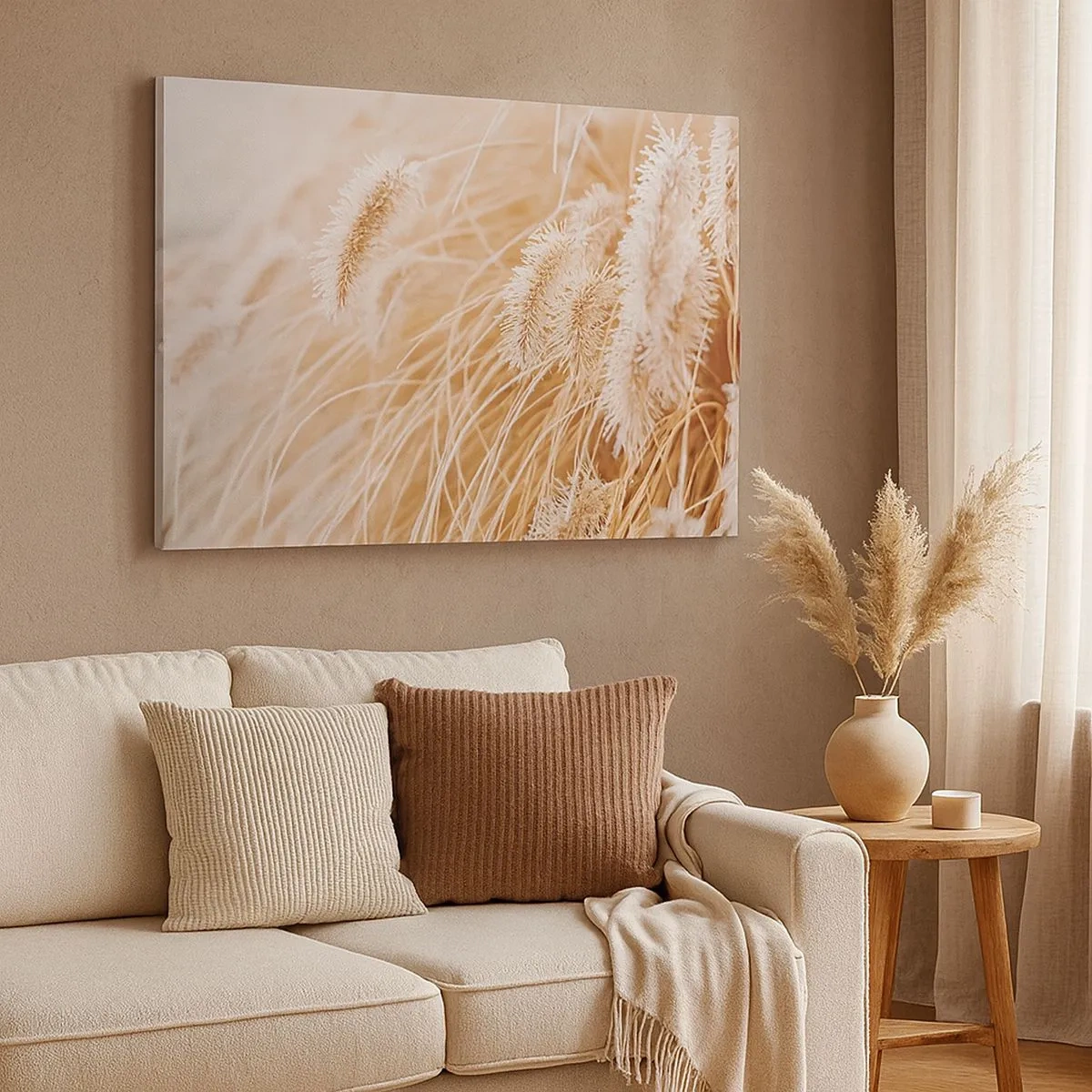 Bild auf Leinwand - Leinwandbild - Nahaufnahme von goldenen, zarten Gräsern im Sonnenlicht - 70x50cm - Das goldene Rauschen des Grases - Moderne Wanddekoration für Wohnzimmer und Schlafzimmer ARTTOR