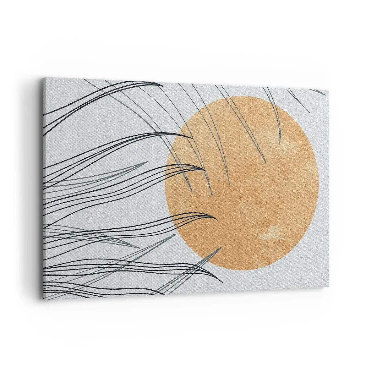 Bild auf Leinwand - Leinwandbild - Abstrakte Grashalme vor dem Hintergrund einer großen orangefarbenen Sonne - 120x80cm - Immer der Sonne entgegen - Moderne Wanddekoration für Wohnzimmer und Schlafzimmer ARTTOR