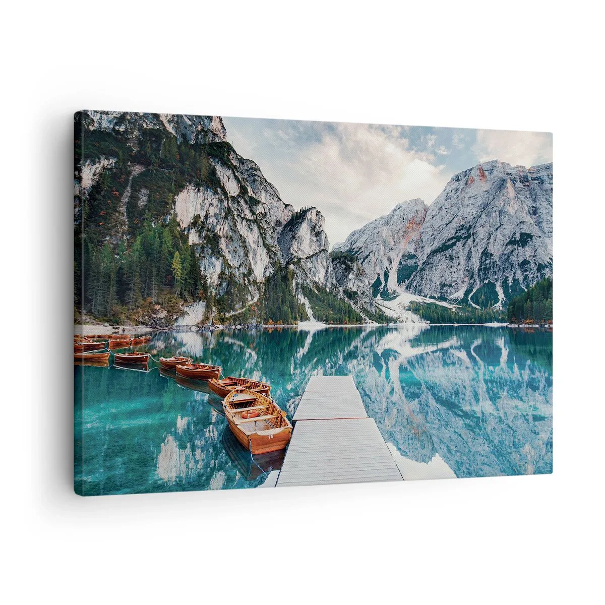 Bild auf Leinwand - Leinwandbild - Ein See mit Booten, umgeben von Bergen - 70x50cm - Wir zeigen Ihnen Schönheit - Moderne Wanddekoration für Wohnzimmer und Schlafzimmer ARTTOR