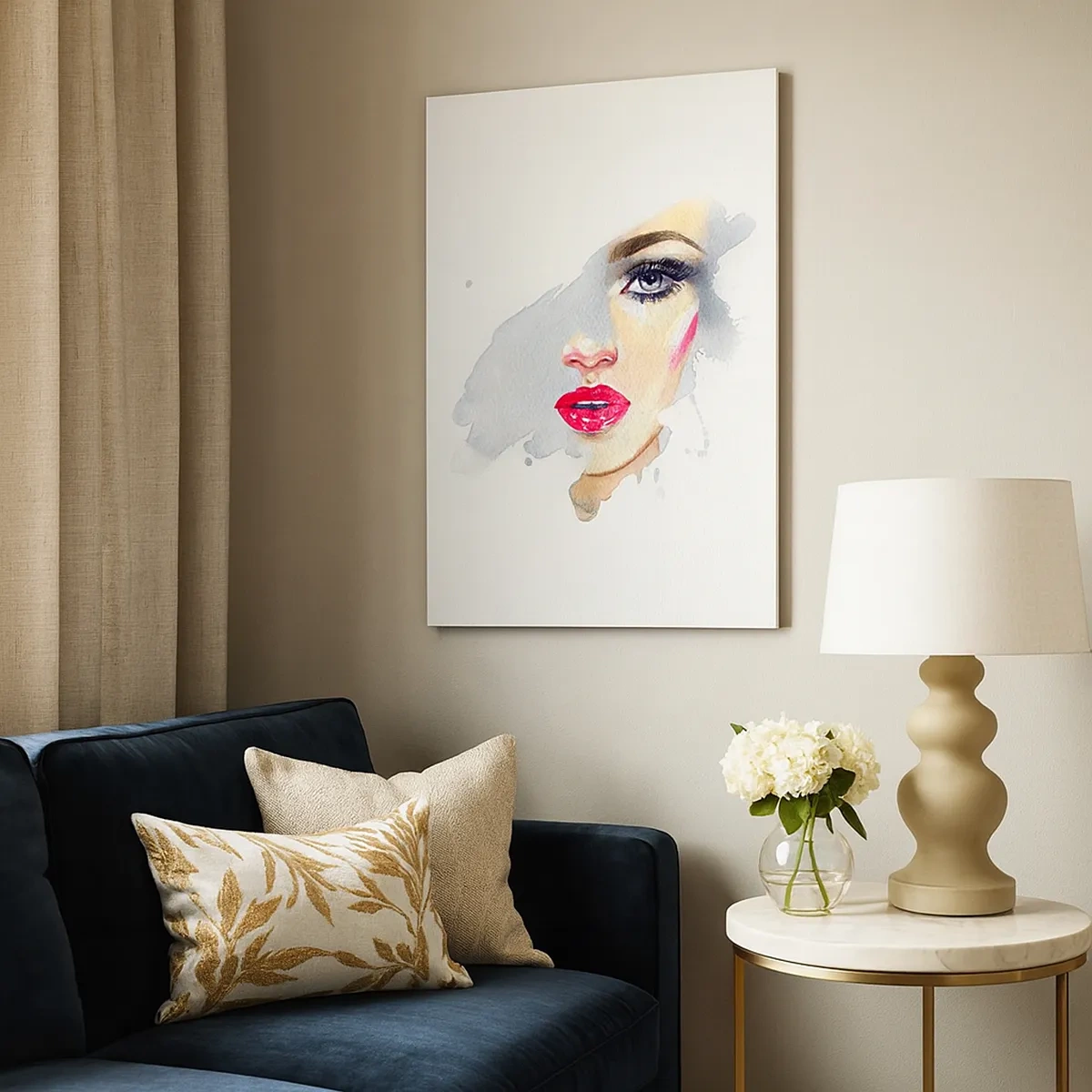 Bild auf Leinwand - Leinwandbild - Ein Aquarellporträt einer Frau mit intensivem Blick. - 50x70cm - Abspiegeln in einem Wassertropfen - Moderne Wanddekoration für Wohnzimmer und Schlafzimmer ARTTOR